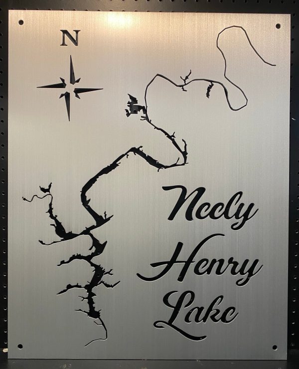 Neely Henry Lake metal map with compass rose on brushed silver, mounted on a black pegboard.