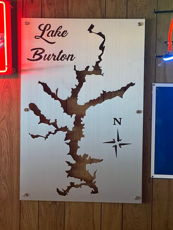 Lake Burton map cutout on brushed metal with decorative script and compass rose.