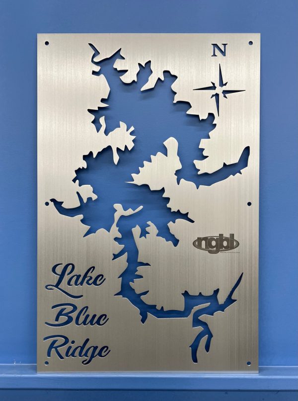 Lake Blue Ridge map on custom metal sign with compass rose, featuring brushed finish and "ngbl" logo.