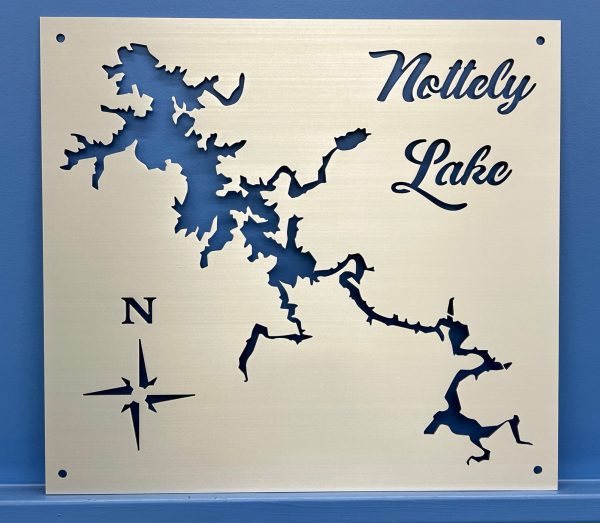 Notelly Lake metal map with compass rose, featuring intricate cutout design on a brushed silver background.