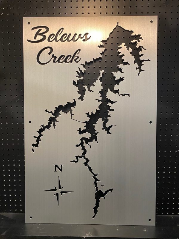 Belews Creek custom lake map on brushed metal with cutout design and compass rose.