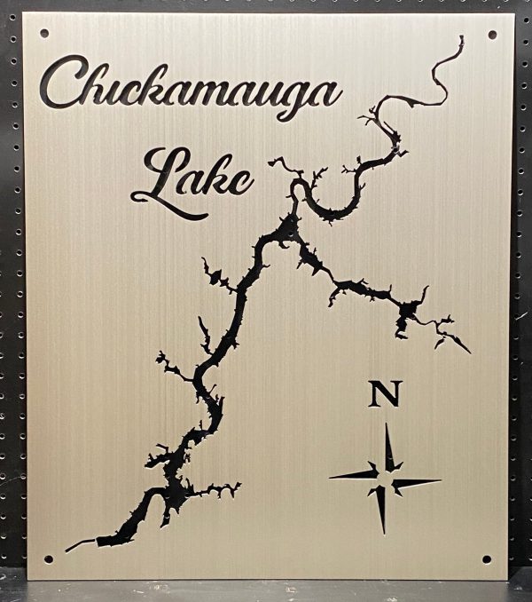 Chickamauga Lake custom metal map with intricate design and compass rose on a brushed background.