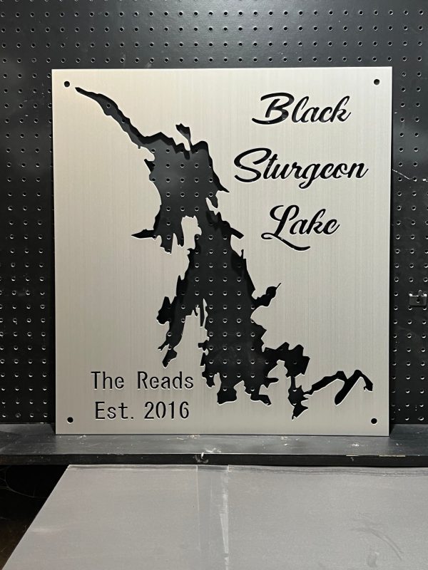 Black Sturgeon Lake custom metal map with "The Reads Est. 2016" inscription on brushed metal background.