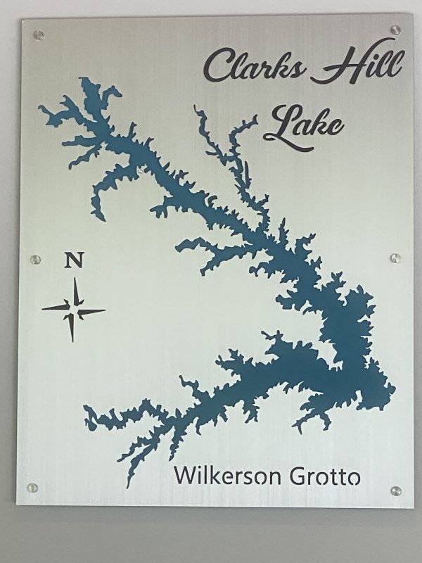 Clarks Hill Lake custom metal map with "Wilkerson Grotto" inscription and compass rose on brushed metal.