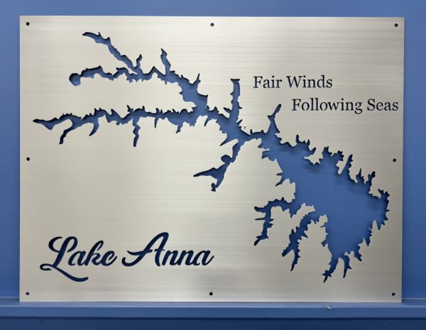 Metal map of Lake Anna with "Fair Winds Following Seas" text on a blue background.
