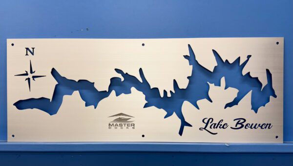 Brushed Aluminum cutout map of Lake Bowen with a compass rose and "Master Docks" logo on a blue background.